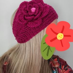 Knitted Headband with Flower and Button